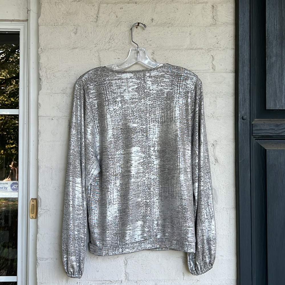 By Anthropologie Cary Dolman Sleeve Silver Faux Wrap Blouse Size Small - Picture 7 of 12